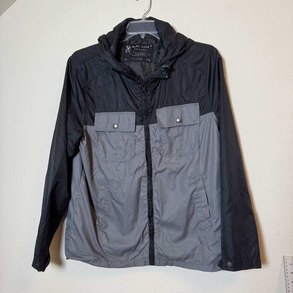 Marc Ecko Cut & Sew Men's Jacket XL Black Gray Hooded Nylon Zip Front